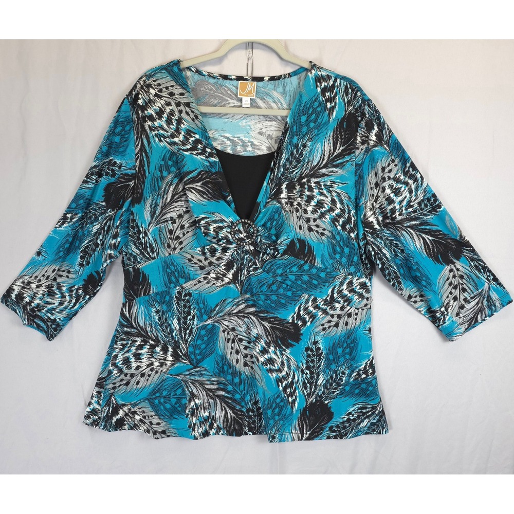 JM Collection Woman Teal‎ Black Feather Print Tunic Women 2X Embellished V Neck